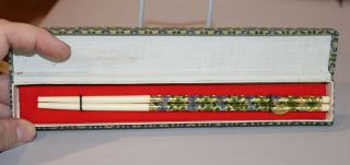 Vintage Cloisonne Enamel Painted Floral Chopsticks Bone 8.  5 " W/storage Box