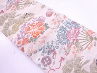 69299 Japanese Kimono / Vintage Nagoya Obi / Crane With Folding Fan