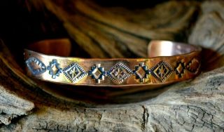 Bracelet Copper Navajo Blanket Design Hand Stamped Native American Navajo Plumer