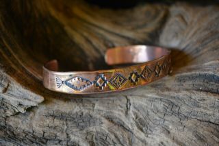 Bracelet Copper Navajo Blanket Design Hand Stamped Native American Navajo Plumer 2