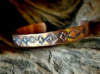 Bracelet Copper Navajo Blanket Design Hand Stamped Native American Navajo Plumer 3