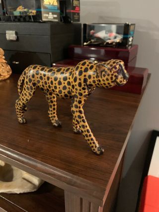 Rare Hand Carved Wood Cheetah Scultpure - Hand Painted Wooden Statue 7.  5”