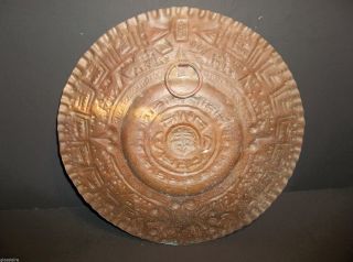 Vintage Mexican FOLK ART Copper Mayan Calendar Wall Plaque 12.  25 