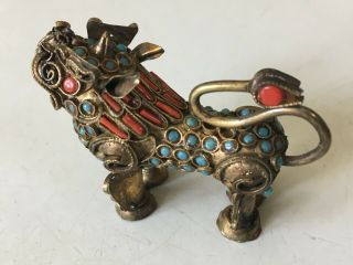 Vintage Antique Brass Turquoise & Red Coral Stone Dragon Chimera Animal Statue