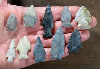 Group Of 10 Colorful Archaic - Woodland Points Central Ohio Area 1 1/8 - 2 1/8