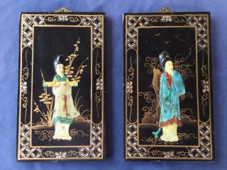 Vintage Chinese Wall Hangings Panels Black Lacquer Mother Of Pearl Asian Art