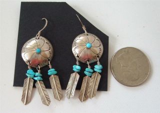 Vintage Navajo Sterling Silver Turquoise Concho Shield Feather Earrings 2 " Wires