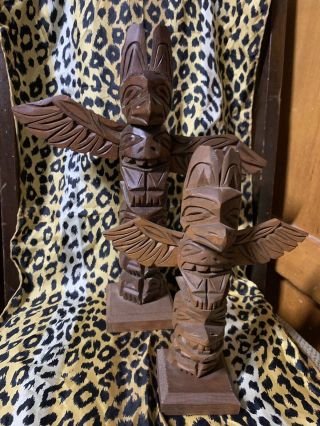 2 Vintage Indian Made Carved Wood Totem Pole Set 13” 9” Thunder