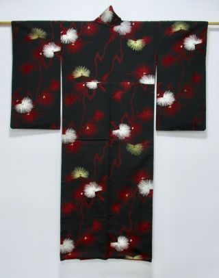Japanese Silk Antique Kimono / Omeshi / Pine / Black & Red / Silk Fabric /290