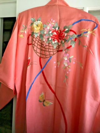 Vintage Silk Embroidered Salmon Color Japanese Haori 