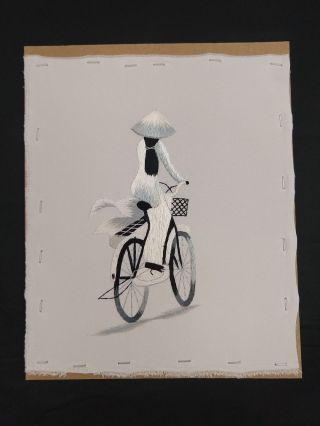 Raw Japanese Hand Woven Silk Art 9.  5 " X 11 " Woman On Bicycle