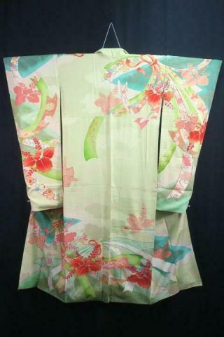 12a16359 Silk Vintage Tall Wide Japanese Kimono Furisode Dress Crane Birds