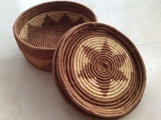 Native American Indian Finely Woven Lidded Basket 9” Round By Approx 4” Deep
