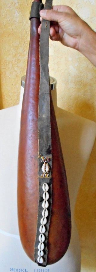 Vintage African Water Milk Gourd With Beading,  Shells And Leather Strap 29 ".