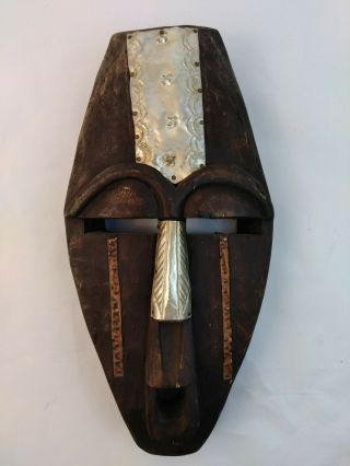 African Hand Carved Wooden Mask With Metal Accents Hand Crafted - Made In Ghana