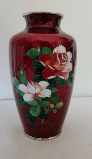 Vintage Japanese Red Pigeon Blood Cloisonne Enamel Vase With Flowers 7 1/4 " Tall