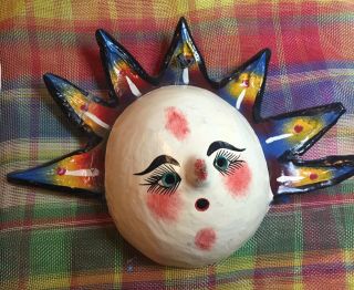 Mexican Primitive Folk Art Hand Painted Coconut Shell Pensive Carnival Face Exc