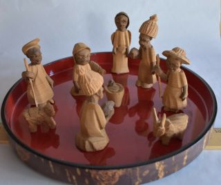 Primitive Nativity Manger Hand Carved African Soft Wood Figures Set