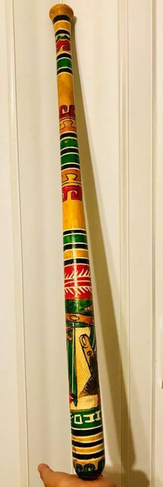X Long 30 " Hand Carved & Painted Aztec Bat Pinata Stick Mexican Wooden Baseball