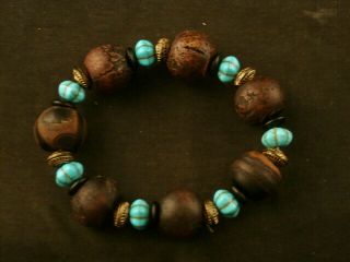Good Quality Tibetan Agate Dzi Round Beads Prayer Bracelet W/turquoise Bead C018