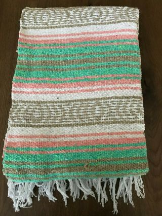 Authentic Mexican Falsa Hand Woven Throw Blanket - Yoga - Light Pink/aqua Serape
