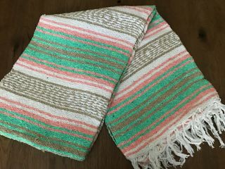 Authentic Mexican Falsa Hand woven Throw Blanket - Yoga - Light Pink/Aqua Serape 2