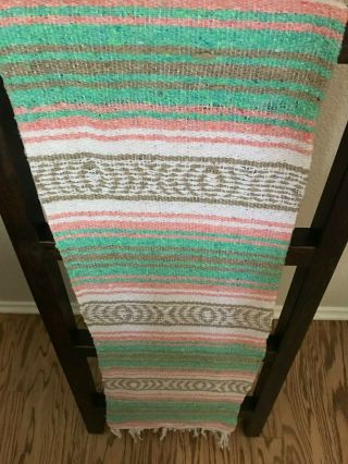 Authentic Mexican Falsa Hand woven Throw Blanket - Yoga - Light Pink/Aqua Serape 3