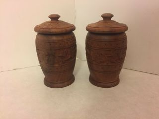 Set Of (2) - Hand Carved Wood Canisters Jars - 5 " Tall