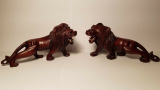 Pair Vintage Chinese Hand Carved Wood Lion Figures Sculpture Glass Eyes Beauties