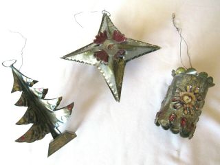 (3) Vintage Mexican Folk Art Punched Tin Christmas Ornaments