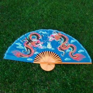 Large Oriental Vintage Hand Painted Chinese Fan Dragon Decor Wall Hanging Art