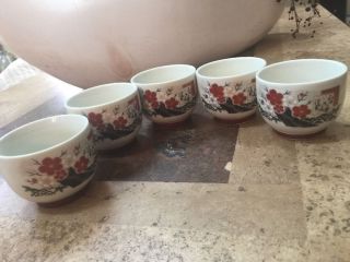 5 Vintage Hand Painted Japanese Sake Cups Crackle Finish / Japan