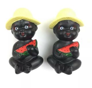 Black Americana Twin Babies Holding Watermelon Yellow Hats Salt Pepper Shakers