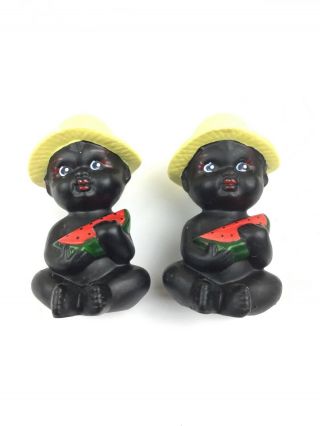 Black Americana Twin Babies Holding Watermelon Yellow Hats Salt Pepper Shakers 2
