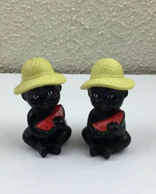 Black Americana Twin Babies Holding Watermelon Yellow Hats Salt Pepper Shakers 5