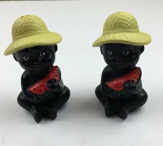 Black Americana Twin Babies Holding Watermelon Yellow Hats Salt Pepper Shakers 6