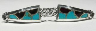 Old Pawn 1950s Zuni Natural Turquoise & Jet 925 Silver Inlay Watch Tips W/ Band