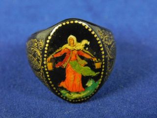 Vintage Hand Painted Lady In Dress Wooden Wood Russian Ring Signet Style Size 6