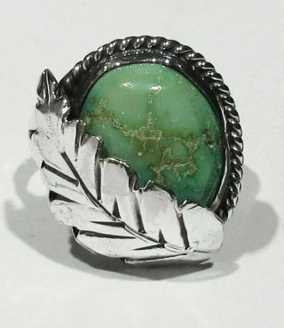Big Vintage 1970s Navajo Green Royston Turquoise 925 Silver Feather Ring Sz 9.  5