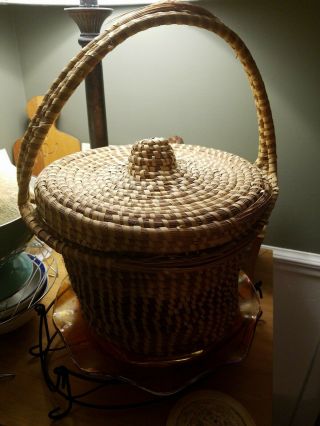 Gullah Sweetgrass Basket W/ Tote Handle And Lid 10 " Wide Sc Item