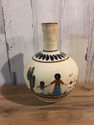Mexican Pottery Vase Mexico Brown Blue Tan Signed C.  D.