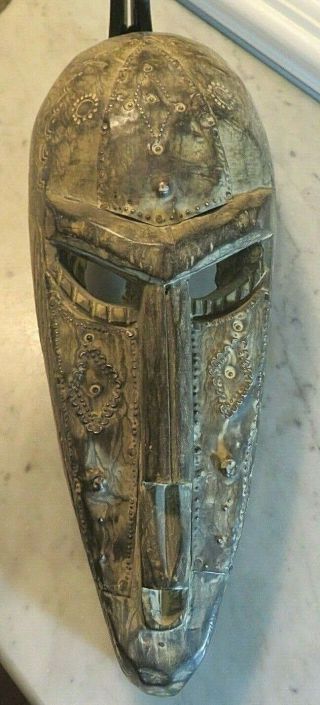 Vintage Ghana African Mask Tribal 15 " Hand Carved Wood & Metal Wall Art