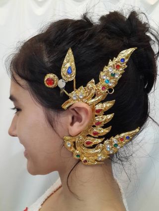 Traditional Thai Style Dance Costume Gold Earrings Crown Arts Craft Ram Vintage