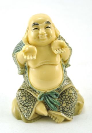 4 " Vintage Chinese Happy Sitting Laughing Budai Buddha God Monk Resin Scrimshaw