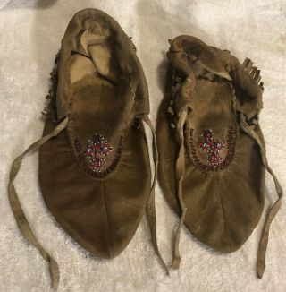 Vintage Antique Native American Indian Beaded Moccasins Shoes 10  X 4