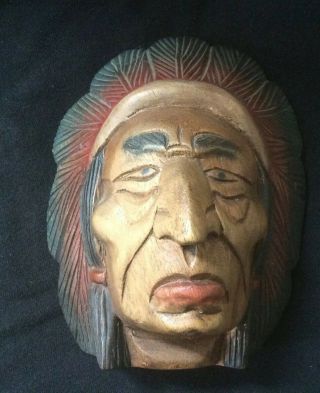 Vtg Wooden Hand Carved Native American Indian Chief Cigar Store Head Face Bust
