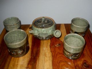 4 Somayaki Soma Ware Japanese Cups And Teapot Galloping Horse Green Crackle