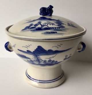 Old Chinese Lidded Rice Bowl Covered Dish Pedestal Porcelain Foo Dog 2 Blue Band