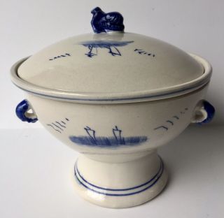 Old Chinese Lidded Rice Bowl Covered Dish Pedestal Porcelain Foo Dog 2 Blue Band 2