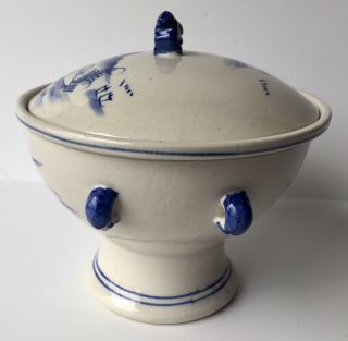 Old Chinese Lidded Rice Bowl Covered Dish Pedestal Porcelain Foo Dog 2 Blue Band 3